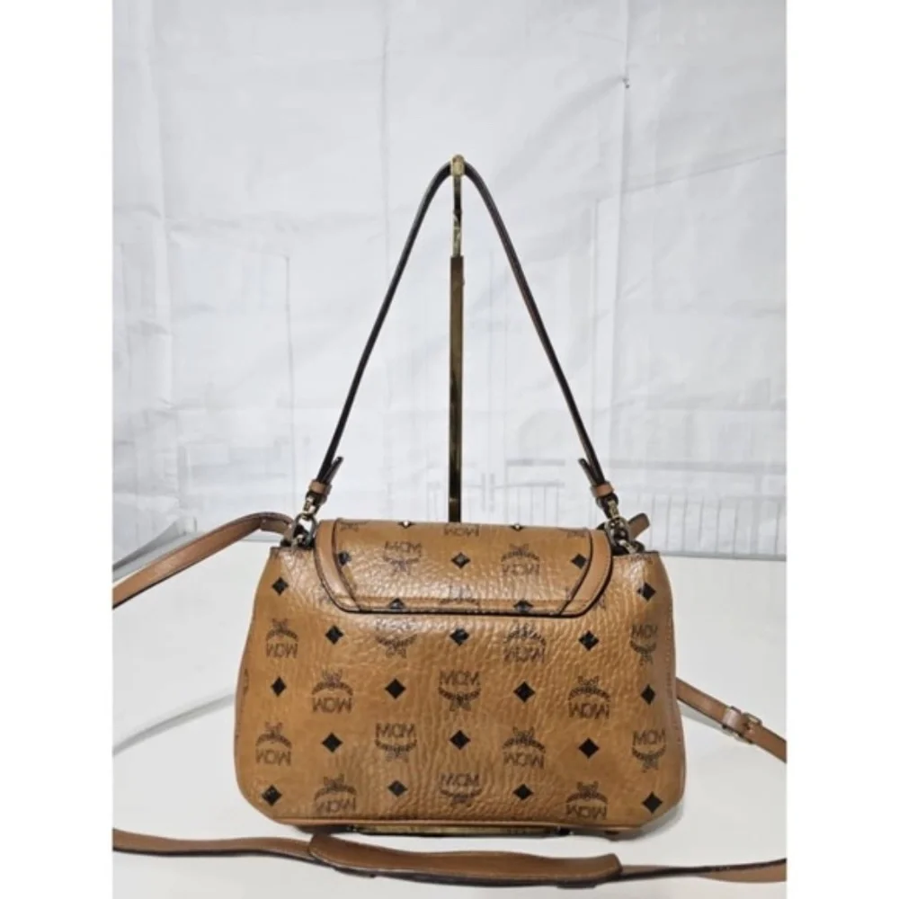 Authentic MCM Visetos Studded Crossbody Flap Messenger Cognac